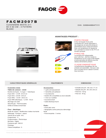 Product information | Fagor FACM2007B Cuisinière mixte Product fiche | Fixfr