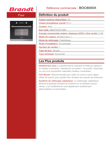 Product information | Brandt BOC8000X Four encastrable Product fiche | Fixfr