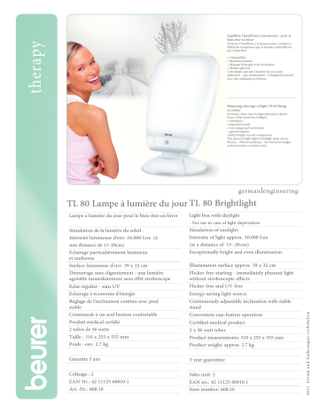 Product information | Beurer TL80 Luminothérapie Product fiche | Fixfr