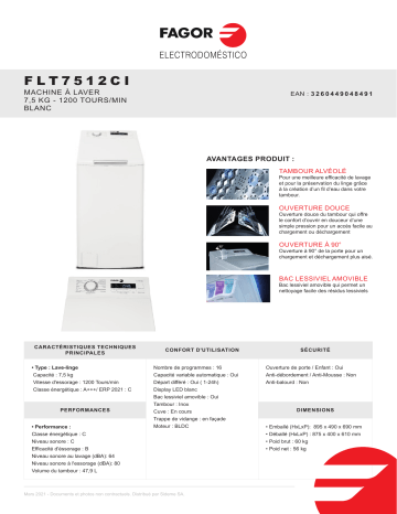 Product information | Fagor FLT7512CI Lave linge top Product fiche | Fixfr
