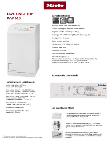Product information | Miele WW 610 Lave linge top Product fiche | Fixfr