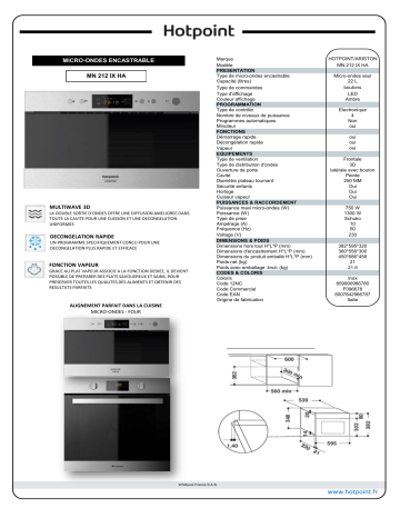 Product information | Hotpoint MN212IX Micro ondes encastrable Product fiche | Fixfr