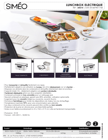 Product information | Simeo Electrique LBE210 Lunch box Product fiche | Fixfr