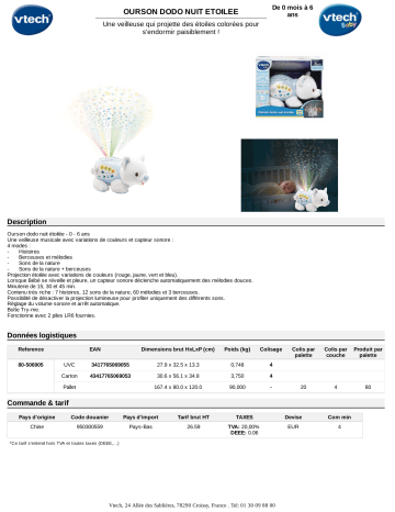 Product information | Vtech Ourson Dodo Nuit Etoilée Veilleuse Product fiche | Fixfr