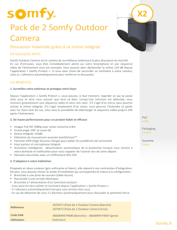 Product information | Somfy Protect Pack x2 Outdoor Camera grise Accessoire pour alarme Product fiche | Fixfr