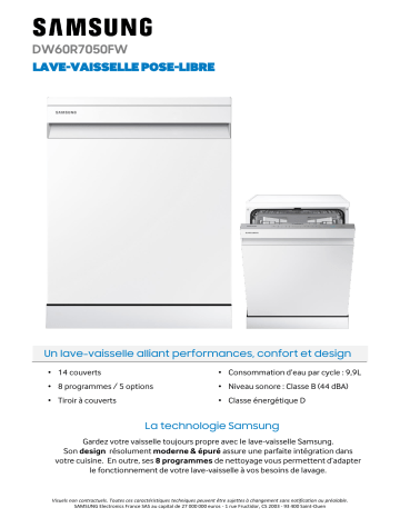 Product information | Samsung DW60R7050FW Lave vaisselle 60 cm Product fiche | Fixfr