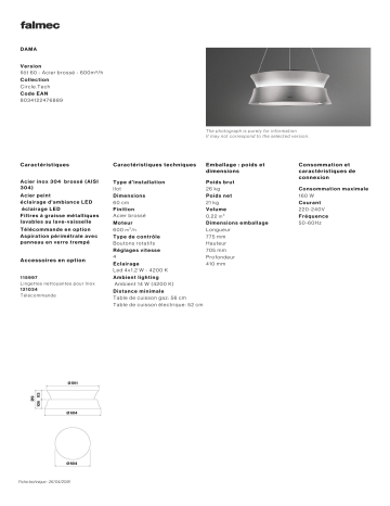 Product information | Falmec DAMA2230 Hotte décorative îlot Product fiche | Fixfr