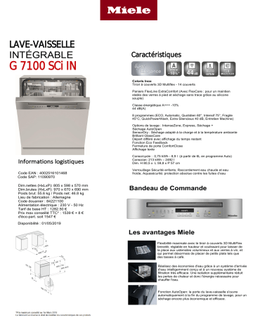Product information | Miele G 7100 Sci inox Lave vaisselle encastrable Product fiche | Fixfr