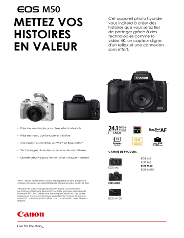 Product information | Canon EOS M50 Blanc + 18-150mm Appareil photo Hybride Product fiche | Fixfr