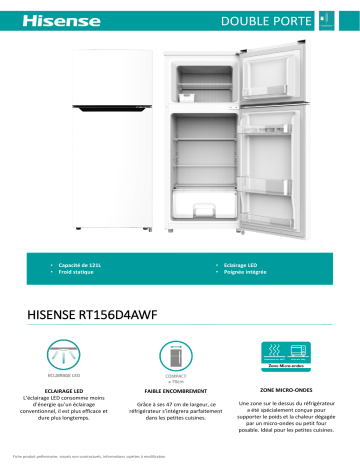 Product information | Hisense RT156D4AWF Réfrigérateur 2 portes Product fiche | Fixfr
