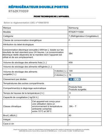 Product information | Samsung RT62K7110S9 Réfrigérateur 2 portes Product fiche | Fixfr