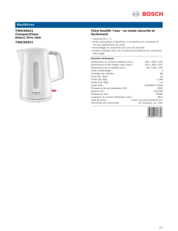 Product information | Bosch TWK3A011 Bouilloire Product fiche | Fixfr