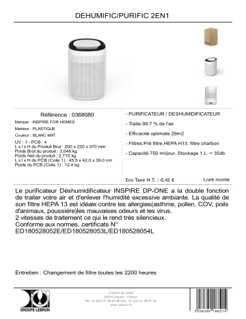 Product information | Inspire 0368080 Purificateur/Déshumidificateur Purificateur d'air Product fiche | Fixfr
