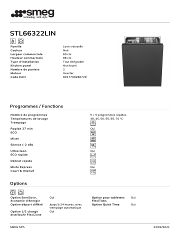 Product information | Smeg STL66322LIN Lave vaisselle tout intégrable Product fiche | Fixfr