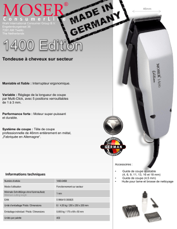 Product information | Wahl Moser 1400 Tondeuse cheveux Product fiche | Fixfr