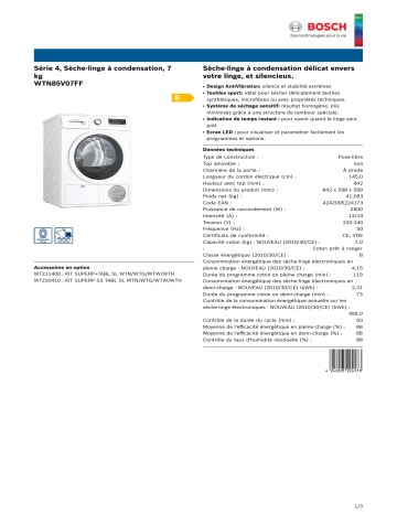 Product information | Bosch WTN85V07FF Sèche linge à condensation Product fiche | Fixfr