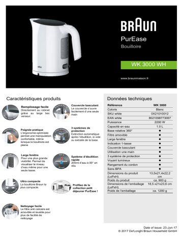 Product information | Braun WK3000WH PurEase Bouilloire Product fiche | Fixfr