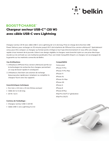 Product information | Belkin 20W + cable USB-C/Lightning 1.2m blanc Chargeur secteur Product fiche | Fixfr