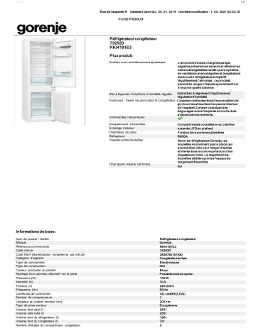 Product information | Gorenje RKI4181E3 Réfrigérateur combiné encastrable Product fiche | Fixfr