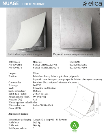 NUAGE DRYWALL/F/75 | Product information | Elica NUAGE PAINTABLE/F/75 Hotte décorative murale Product fiche | Fixfr