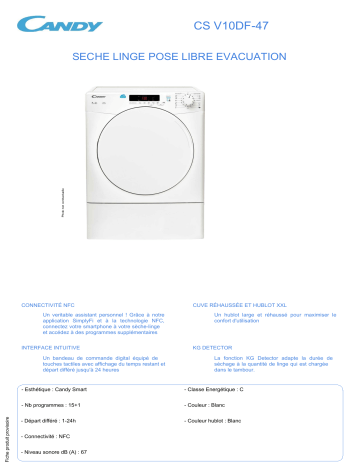 Product information | Candy CS V10DF-47 Sèche linge à évacuation Product fiche | Fixfr