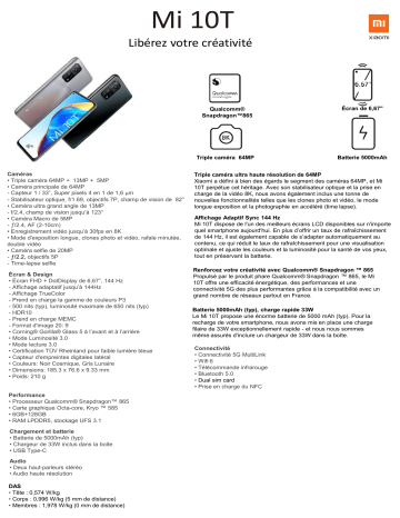 Product information | Xiaomi Mi 10T Noir 5G Smartphone Product fiche | Fixfr