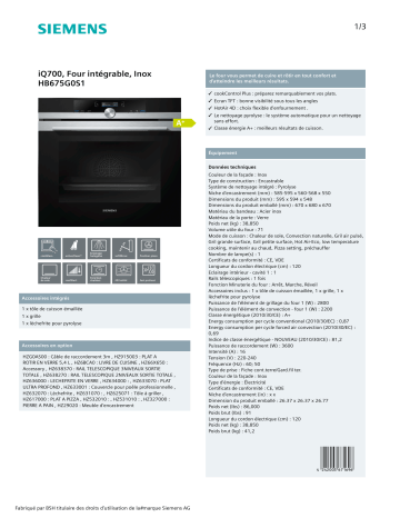 Product information | Siemens HB675G0S1 IQ700 Four encastrable Product fiche | Fixfr