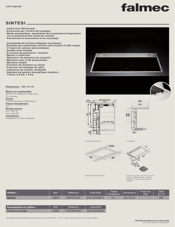 Product information | Falmec SINTESI Table induction aspirante Manuel utilisateur | Fixfr