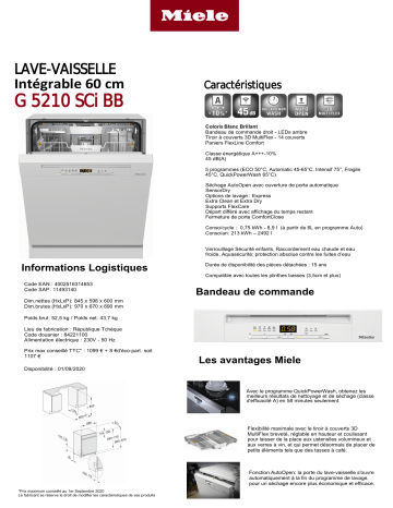 Product information | Miele G 5210 SCi Blanc Lave vaisselle encastrable Product fiche | Fixfr