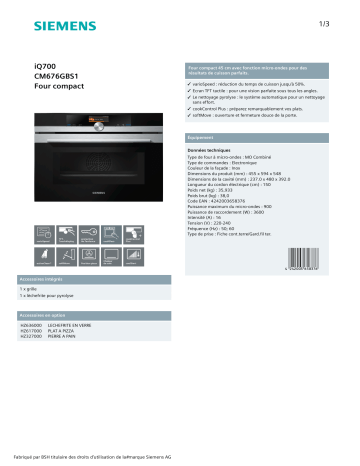 Product information | Siemens CM676GBS1 IQ700 Four encastrable Product fiche | Fixfr