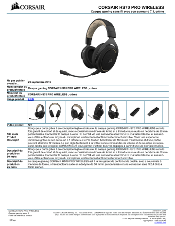 Product information | Corsair HS70 PRO WIRELESS Casque gamer Product fiche | Fixfr