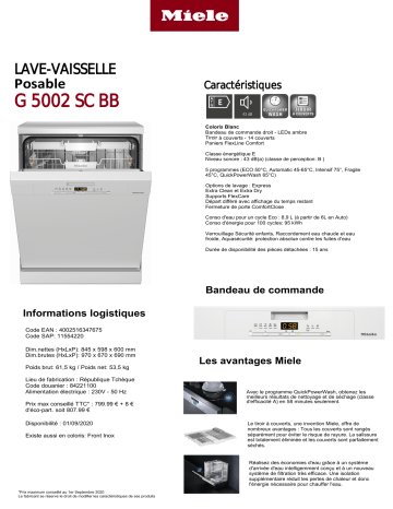 Product information | Miele G 5002 SC blanc Lave vaisselle 60 cm Product fiche | Fixfr