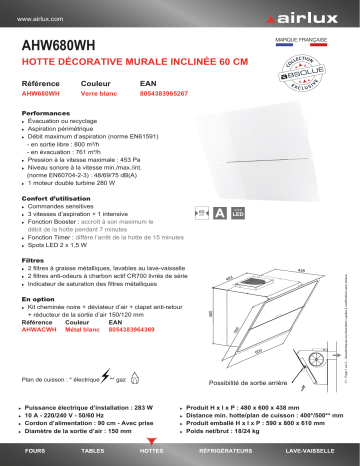 Product information | Airlux AHW680WH Hotte décorative murale Product fiche | Fixfr