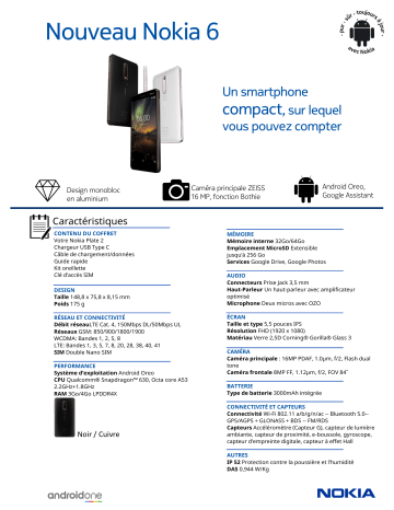 Product information | Nokia 6.1 Noir Smartphone Product fiche | Fixfr