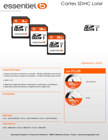 Product information | Essentielb 32Go SDHC Loisirs Carte SD Product fiche | Fixfr