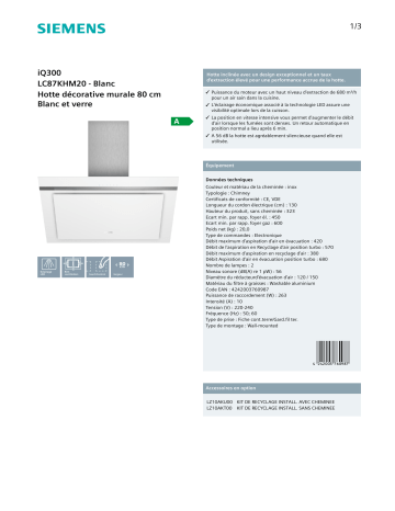 Product information | Siemens LC87KHM20 IQ300 Hotte décorative murale Product fiche | Fixfr