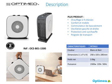 Product information | Optimea OCE-B01-1500 Chauffage soufflant Product fiche | Fixfr