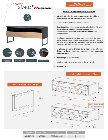 Product information | Meliconi Murcie 120 cm noir Meuble TV Product fiche | Fixfr