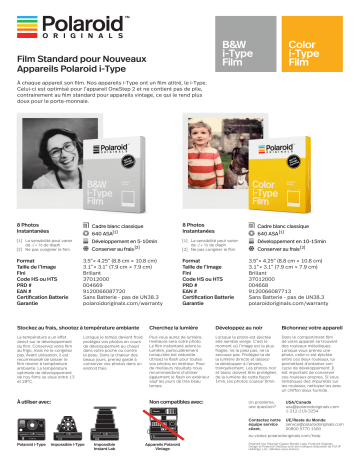 Product information | Polaroid Color Film i-Type Papier photo instantané Product fiche | Fixfr