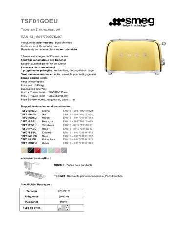 Product information | Smeg TSF01GOEU Or Grille-pain Product fiche | Fixfr