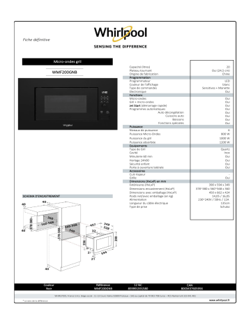 Product information | Whirlpool WMF200GNB Micro ondes gril Product fiche | Fixfr