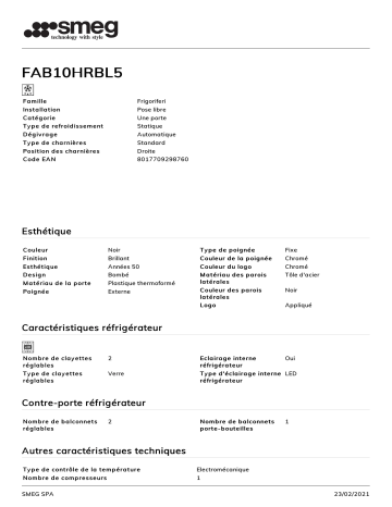 Product information | Smeg FAB10HRBL5 Réfrigérateur 1 porte Product fiche | Fixfr