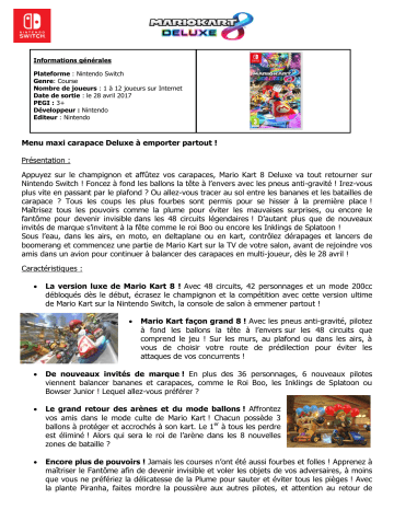 Product information | Nintendo Mario Kart 8 Deluxe Jeu S Product fiche | Fixfr