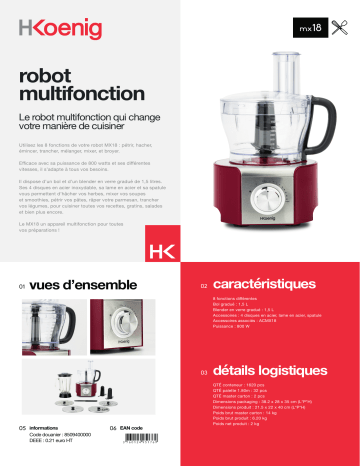 Product information | H.Koenig MX18_ROUGE Robot multifonction Product fiche | Fixfr