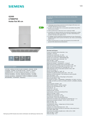 Product information | Siemens LF98BIP50 Hotte décorative îlot Product fiche | Fixfr