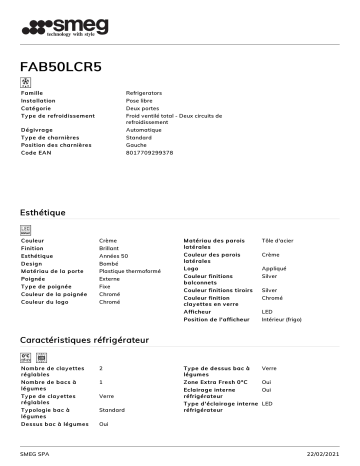 Product information | Smeg FAB50LCR5 Réfrigérateur combiné Product fiche | Fixfr