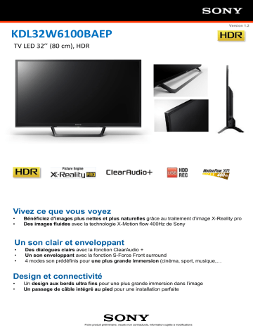 Product information | Sony KDL32W6100 TV LED Product fiche | Fixfr