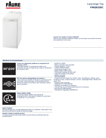 Product information | Faure FWQ6328C/ Lave linge top Product fiche | Fixfr
