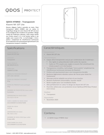 Product information | Qdos Xiaomi Mi 10T Lite transparent Coque Product fiche | Fixfr