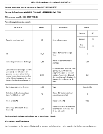 Product information | Hotpoint HSIO3O23WFE Lave vaisselle tout intégrable 45 cm Product fiche | Fixfr